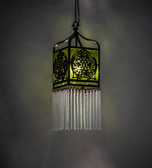 Meyda Lighting Celtic Knot 50520 10" Mahogany Bronze Mini Pendant Light With Clear Green Shade Glass