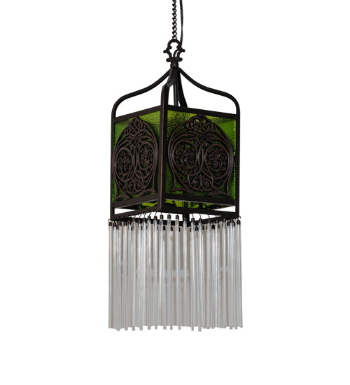 Meyda Lighting Celtic Knot 50520 10" Mahogany Bronze Mini Pendant Light With Clear Green Shade Glass