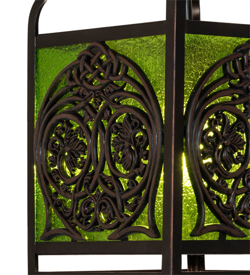 Meyda Lighting Celtic Knot 50520 10" Mahogany Bronze Mini Pendant Light With Clear Green Shade Glass