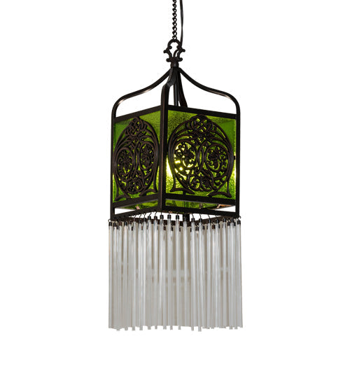 Meyda Lighting Celtic Knot 50520 10" Mahogany Bronze Mini Pendant Light With Clear Green Shade Glass