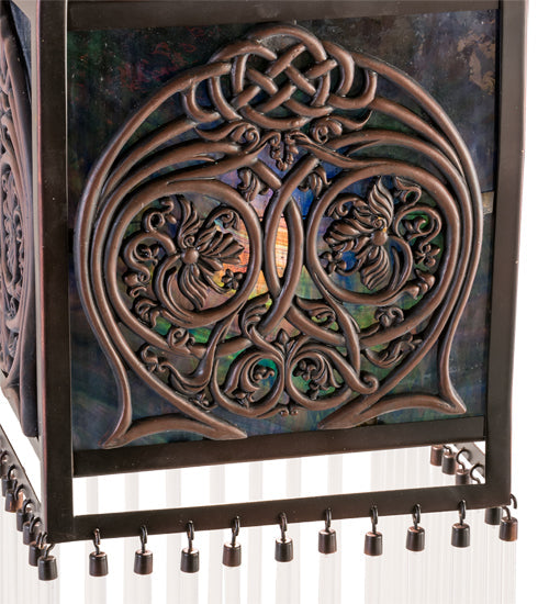 Meyda Lighting Celtic Knot 7"Sq Mahogany Bronze Mini Pendant Light With Multi-Colored Shade Glass
