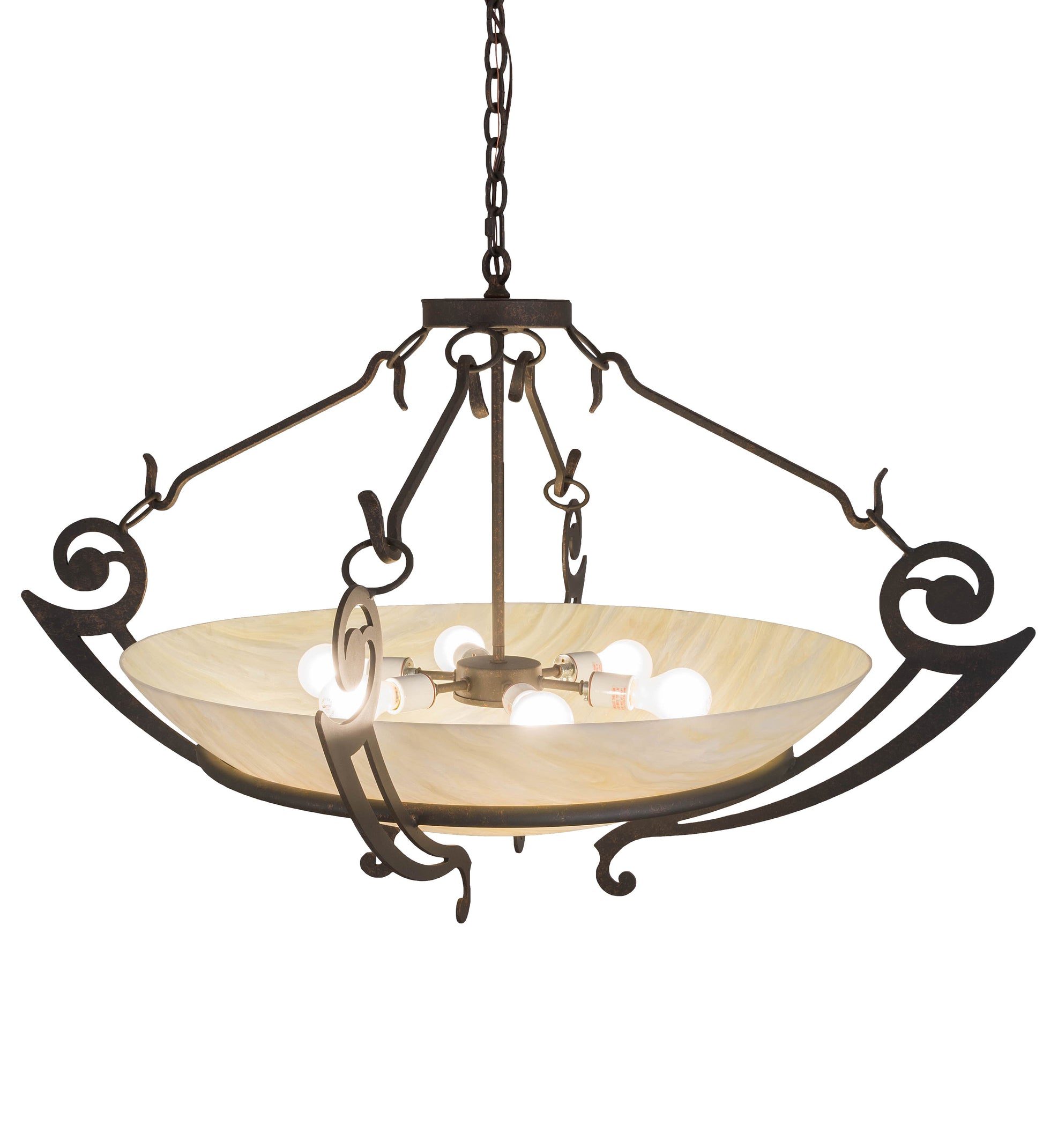 Meyda Lighting Ceres 42" 6-Light Gilded Tobacco Inverted Pendant Light With Creme Carrare Idalight Shade Glass