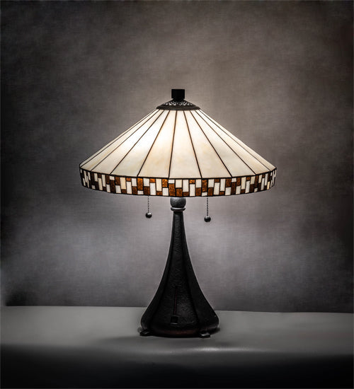 Meyda Lighting Checkerboard 22" 2-Light Mahogany Bronze Table Lamp With White & Amber Shade Glass