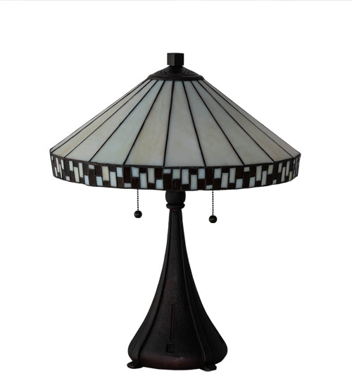 Meyda Lighting Checkerboard 22" 2-Light Mahogany Bronze Table Lamp With White & Amber Shade Glass