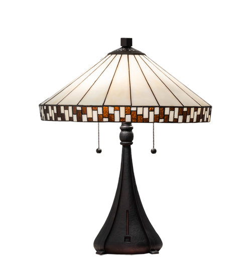 Meyda Lighting Checkerboard 22" 2-Light Mahogany Bronze Table Lamp With White & Amber Shade Glass