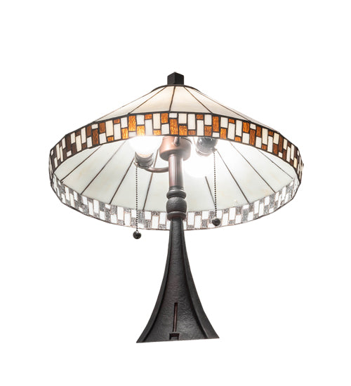Meyda Lighting Checkerboard 22" 2-Light Mahogany Bronze Table Lamp With White & Amber Shade Glass