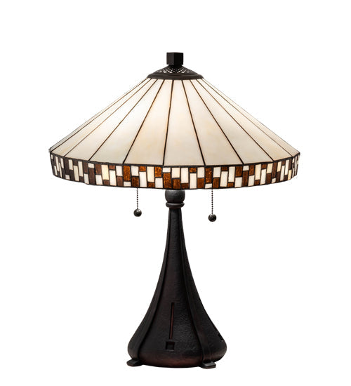 Meyda Lighting Checkerboard 22" 2-Light Mahogany Bronze Table Lamp With White & Amber Shade Glass