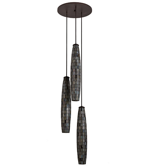 Meyda Lighting Checkers 24" 3-Light Mahogany Bronze Cascading Pendant Light With Multi-Colored Shade Glass