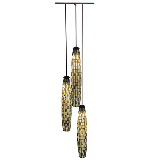Meyda Lighting Checkers 24" 3-Light Mahogany Bronze Cascading Pendant Light With Multi-Colored Shade Glass
