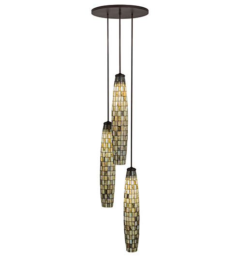 Meyda Lighting Checkers 24" 3-Light Mahogany Bronze Cascading Pendant Light With Multi-Colored Shade Glass