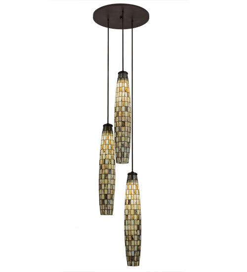 Meyda Lighting Checkers 24" 3-Light Mahogany Bronze Cascading Pendant Light With Multi-Colored Shade Glass