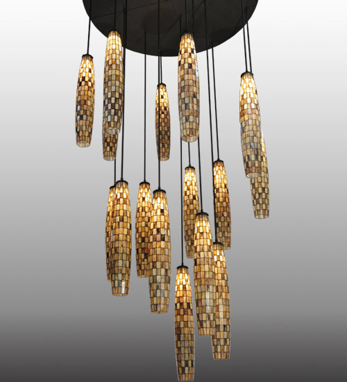 Meyda Lighting Checkers 72" 16-Light Timeless Bronze Cascading Pendant Light With Multi-Colored Shade Glass