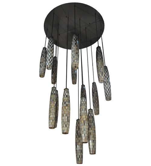 Meyda Lighting Checkers 72" 16-Light Timeless Bronze Cascading Pendant Light With Multi-Colored Shade Glass