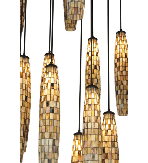 Meyda Lighting Checkers 72" 16-Light Timeless Bronze Cascading Pendant Light With Multi-Colored Shade Glass
