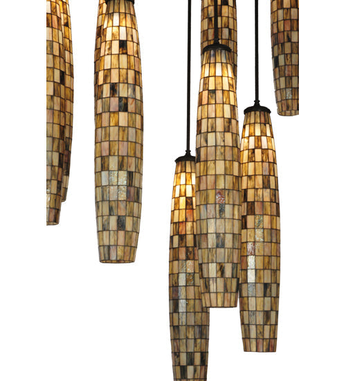 Meyda Lighting Checkers 72" 16-Light Timeless Bronze Cascading Pendant Light With Multi-Colored Shade Glass