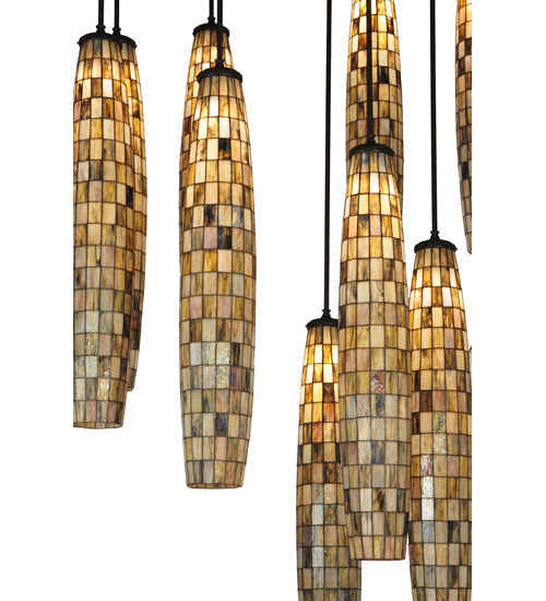 Meyda Lighting Checkers 72" 16-Light Timeless Bronze Cascading Pendant Light With Multi-Colored Shade Glass