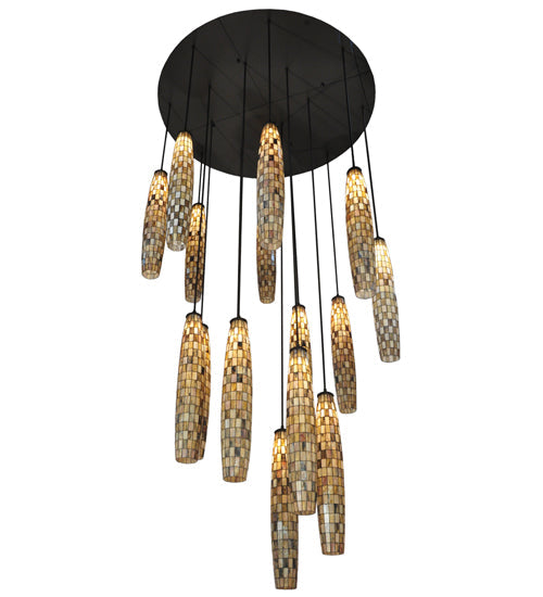 Meyda Lighting Checkers 72" 16-Light Timeless Bronze Cascading Pendant Light With Multi-Colored Shade Glass