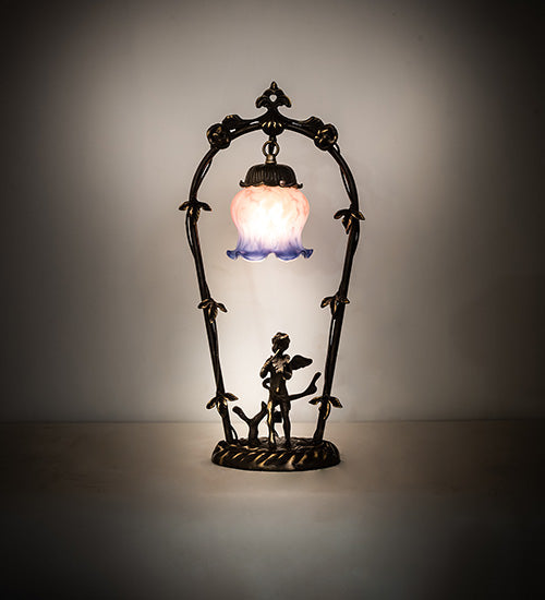 Meyda Lighting Cherub With Violin 19" Mahogany Bronze Mini Table Lamp With Pink and Blue Shade Glass