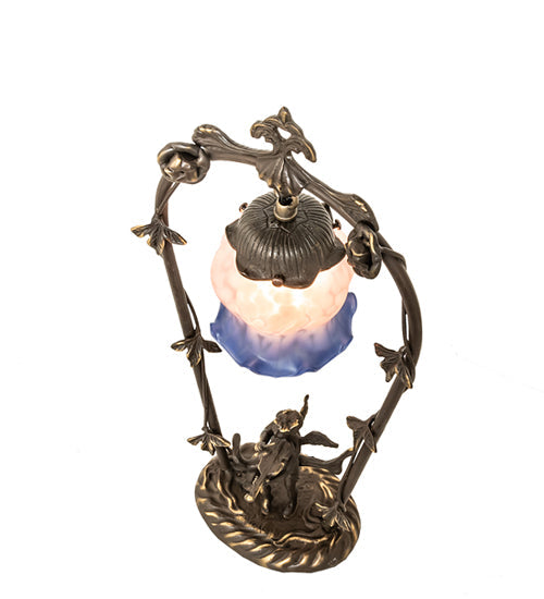 Meyda Lighting Cherub With Violin 19" Mahogany Bronze Mini Table Lamp With Pink and Blue Shade Glass