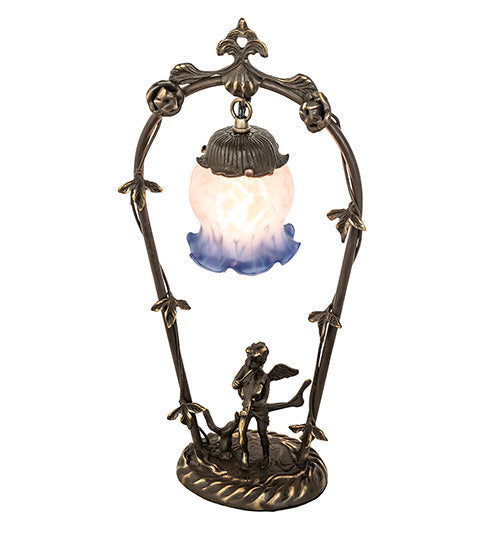 Meyda Lighting Cherub With Violin 19" Mahogany Bronze Mini Table Lamp With Pink and Blue Shade Glass