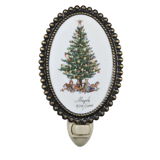 Meyda Lighting Christmas 4" Antique Brass Night Light With Christmas Tree Shade Glass