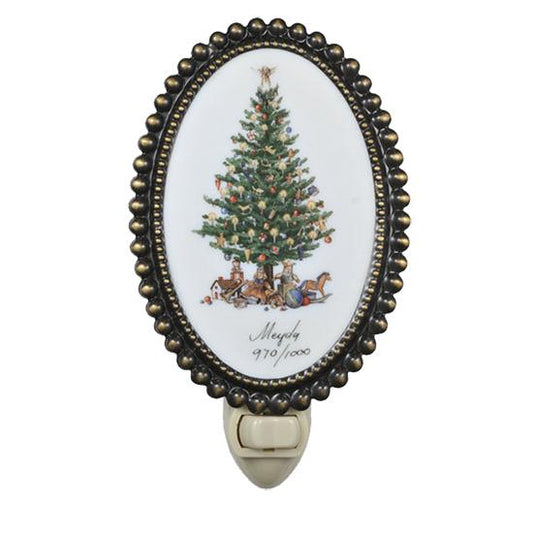 Meyda Lighting Christmas 4" Antique Brass Night Light With Christmas Tree Shade Glass