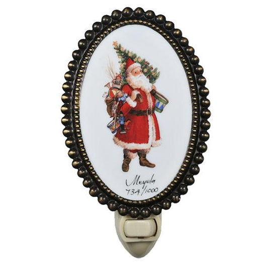 Meyda Lighting Christmas 4" Antique Brass Night Light With Comin to Town Shade Glass