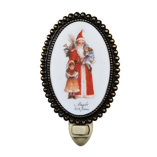 Meyda Lighting Christmas 4" Antique Brass Night Light With Father Christmas & Friends Shade Glass