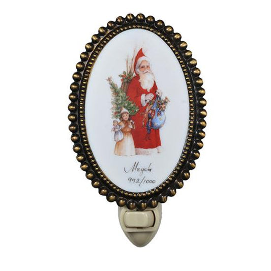 Meyda Lighting Christmas 4" Antique Brass Night Light With For the Love of Santa Shade Glass