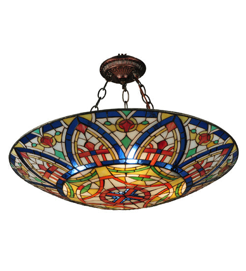Meyda Lighting Church Dome 24" 4-Light Mahogany Bronze Inverted Pendant Light With Multi-Colored Shade Glass