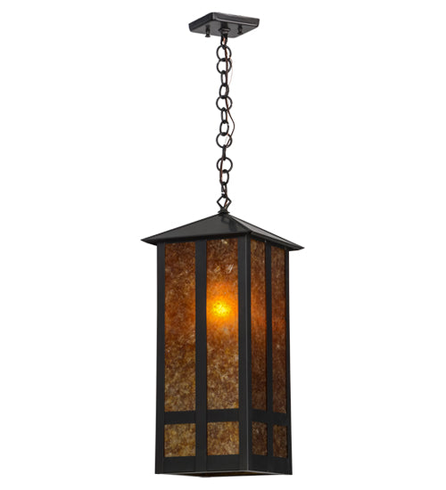 Meyda Lighting Church Street 14" Craftsman Brown Pendant Light With Amber Mica Shade Glass