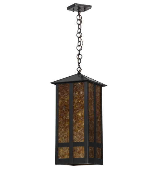 Meyda Lighting Church Street 14" Craftsman Brown Pendant Light With Amber Mica Shade Glass
