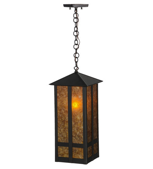 Meyda Lighting Church Street 14" Craftsman Brown Pendant Light With Amber Mica Shade Glass