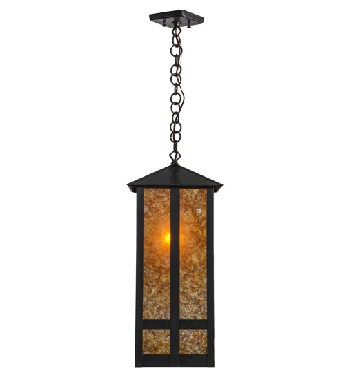 Meyda Lighting Church Street 14" Craftsman Brown Pendant Light With Amber Mica Shade Glass