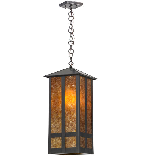 Meyda Lighting Church Street 14" Craftsman Brown Pendant Light With Amber Mica Shade Glass