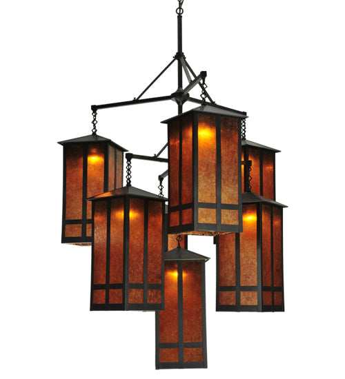 Meyda Lighting Church Street 58" 7-Light Craftsman Brown Chandelier With Amber Mica Shade Glass