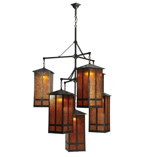 Meyda Lighting Church Street 58" 7-Light Craftsman Brown Chandelier With Amber Mica Shade Glass