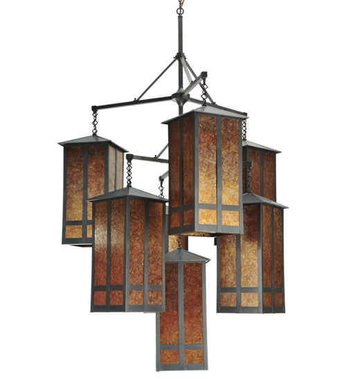Meyda Lighting Church Street 58" 7-Light Craftsman Brown Chandelier With Amber Mica Shade Glass