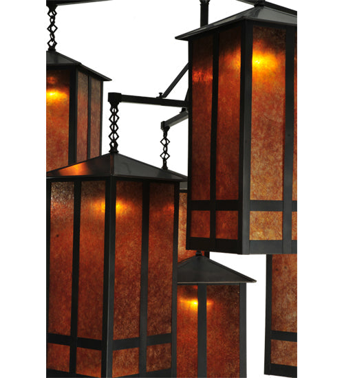 Meyda Lighting Church Street 58" 7-Light Craftsman Brown Chandelier With Amber Mica Shade Glass