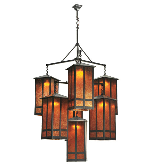 Meyda Lighting Church Street 58" 7-Light Craftsman Brown Chandelier With Amber Mica Shade Glass