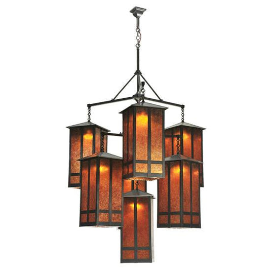 Meyda Lighting Church Street 58" 7-Light Craftsman Brown Chandelier With Amber Mica Shade Glass