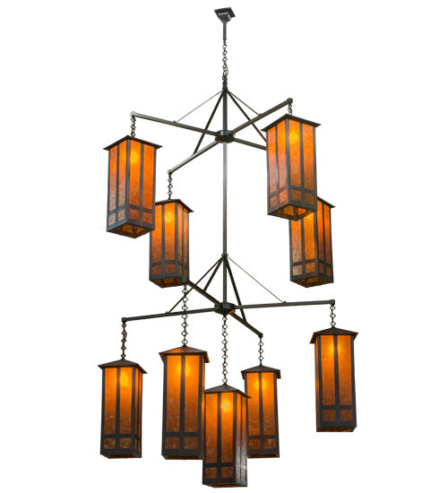 Meyda Lighting Church Street 62" 9-Light Craftsman Brown Chandelier With Amber Mica Shade Glass