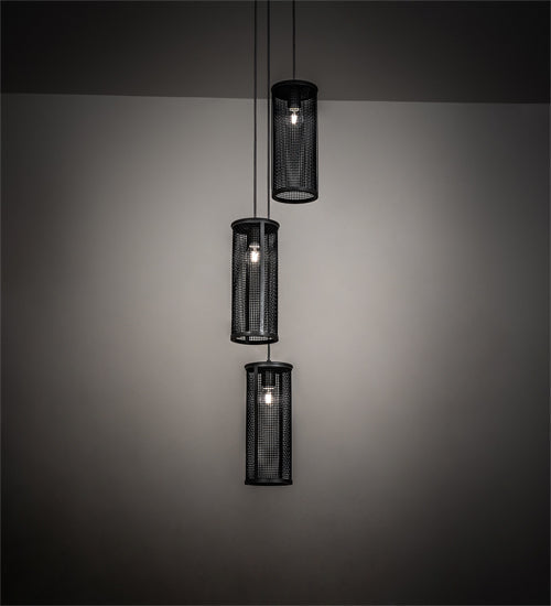 Meyda Lighting Cilindro 12" 3-Light Natural Iron Cage Cascading Pendant Light With Solar Black Shade