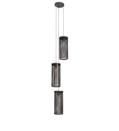 Meyda Lighting Cilindro 12" 3-Light Natural Iron Cage Cascading Pendant Light With Solar Black Shade