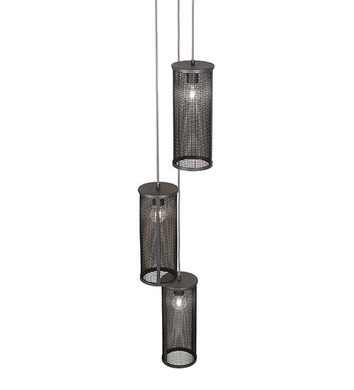 Meyda Lighting Cilindro 12" 3-Light Natural Iron Cage Cascading Pendant Light With Solar Black Shade