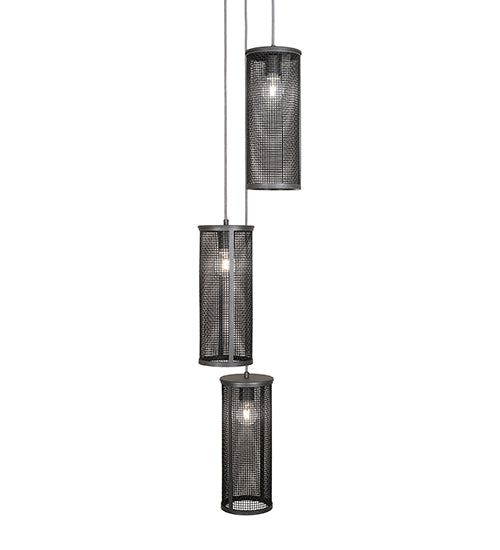 Meyda Lighting Cilindro 12" 3-Light Natural Iron Cage Cascading Pendant Light With Solar Black Shade