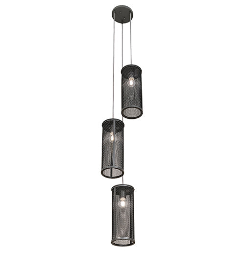 Meyda Lighting Cilindro 12" 3-Light Natural Iron Cage Cascading Pendant Light With Solar Black Shade