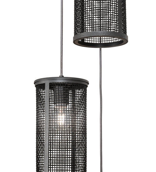 Meyda Lighting Cilindro 12" 3-Light Natural Iron Cage Cascading Pendant Light With Solar Black Shade