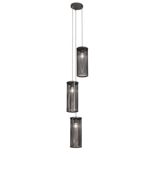 Meyda Lighting Cilindro 12" 3-Light Natural Iron Cage Cascading Pendant Light With Solar Black Shade