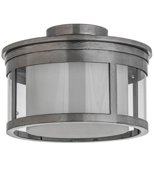 Meyda Lighting Cilindro 15" 2-Light Silver Steel Campbell Flush Mount Light With Statuario Idalight & Clear Shade Glass